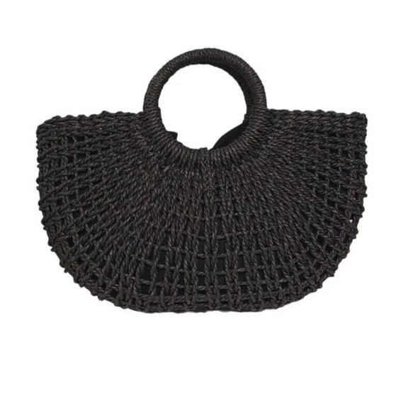 Woven Straw Hobo Handbag  Beach Bag  Drawstring Closure Black - Picture 2 of 7